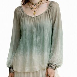 BELLE FRANCE Silk Blend Sheer Peasant Blouse Sequin Cuff Earthy Fairy Boho Sz M